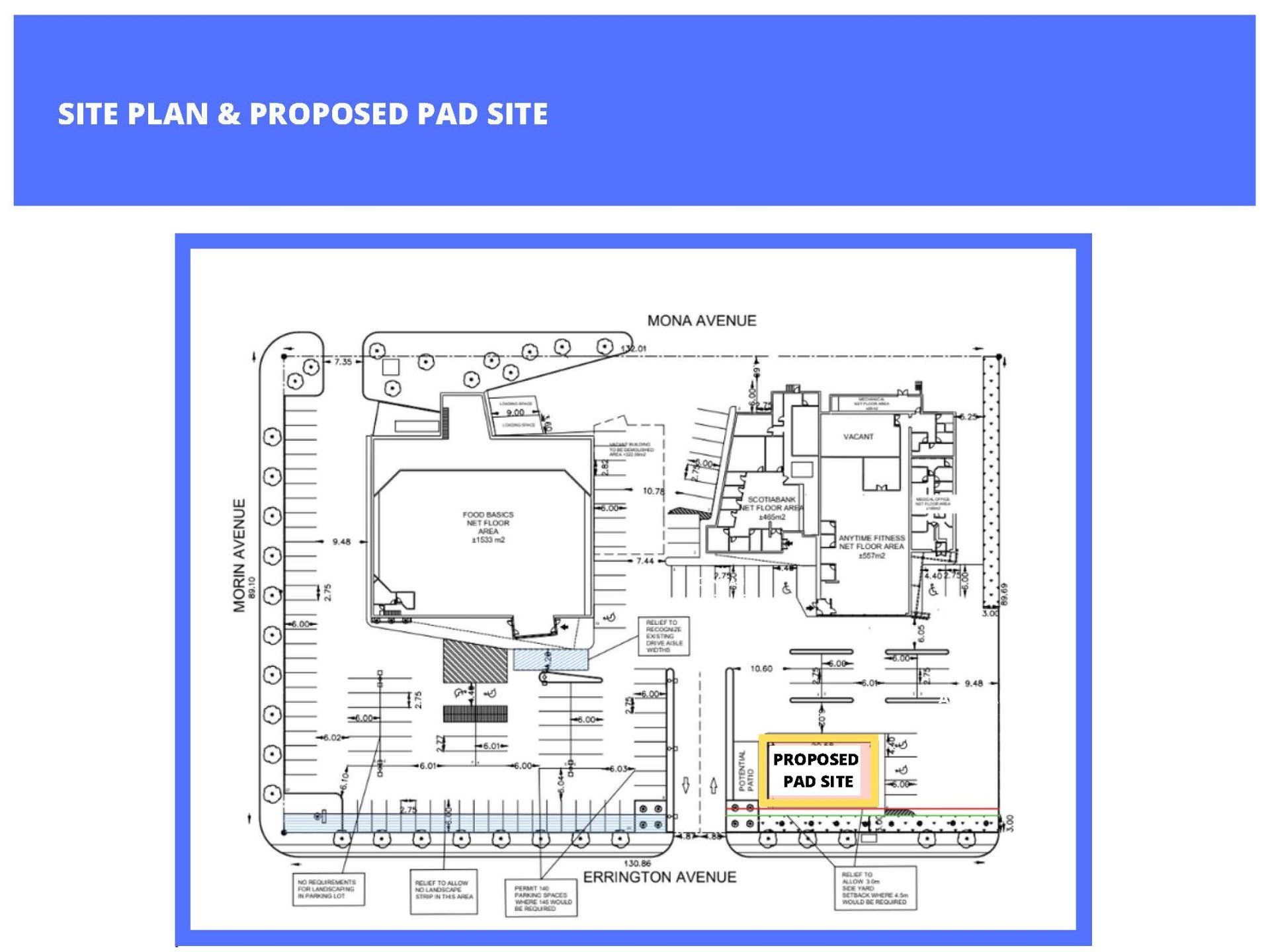 Site plan for a commercial property showing existing building footprints, parking, and a highlighted proposed pad site.