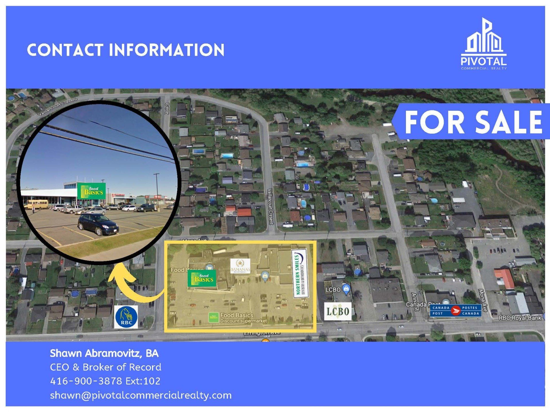 A real estate 'For Sale' flyer showing an aerial map of a property, a street-level inset, and agent contact information.