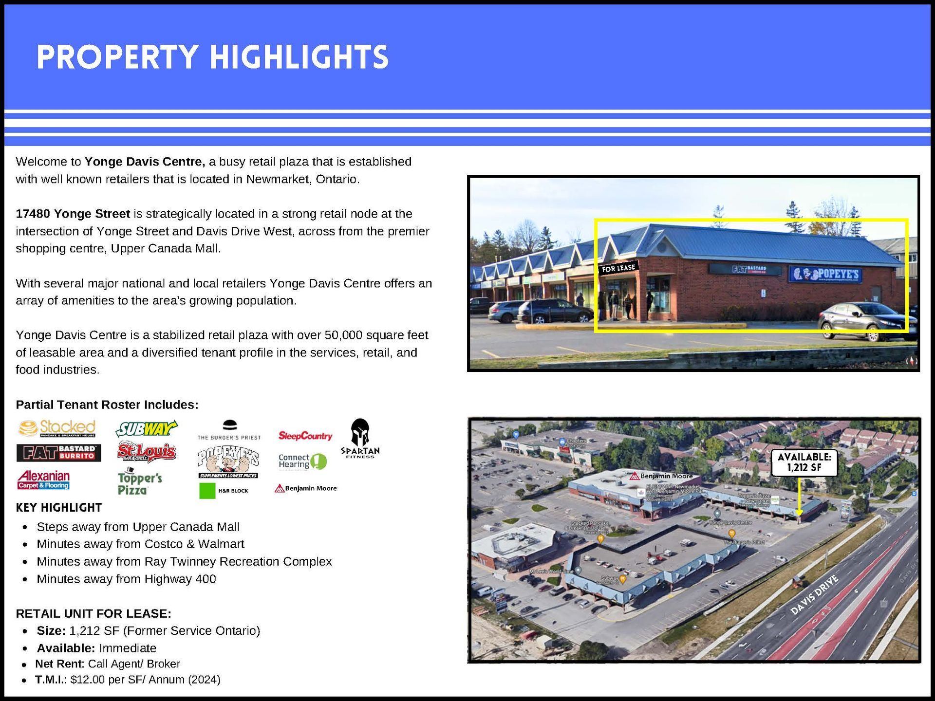 Property highlights flyer for a retail plaza, featuring photos of storefronts, a location map, and a list of current tenants.