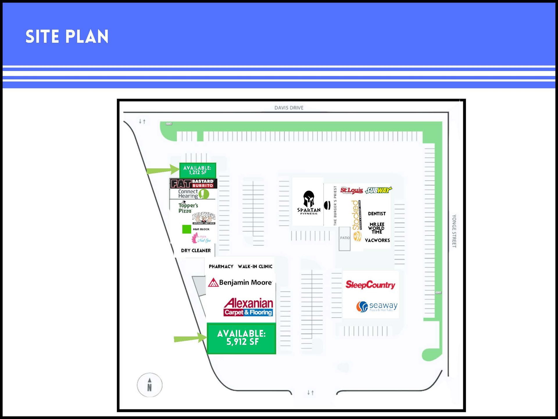 Site plan of a retail shopping center with store names, parking lots, and an available space highlighted in green.