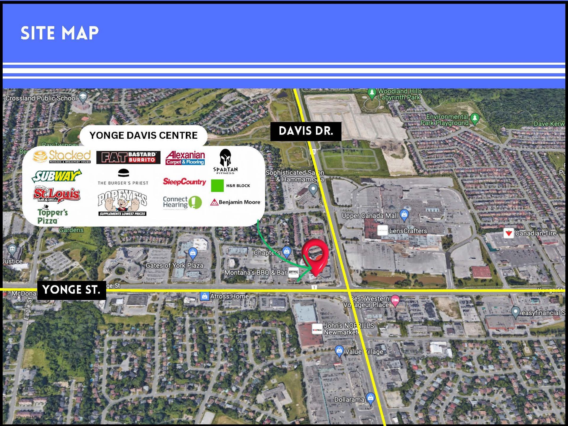 Aerial map of Yonge Davis Centre at the intersection of Yonge Street and Davis Drive, featuring a list of tenant logos.