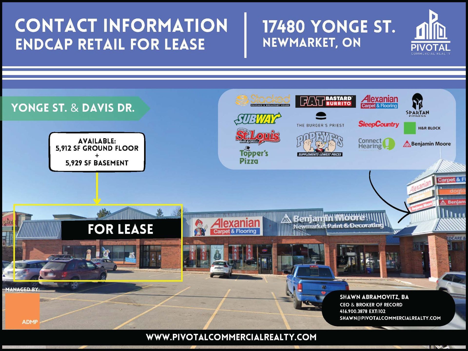 A commercial real estate flyer advertising retail space for lease at 17480 Yonge St, Newmarket, ON, with tenant logos.