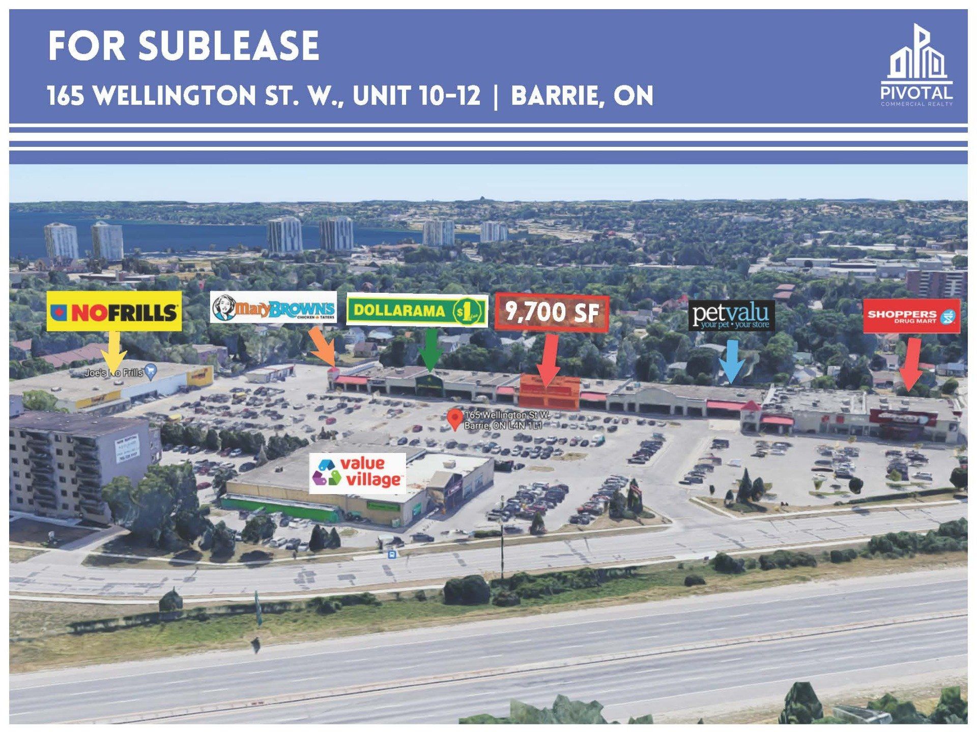 Aerial view of 165 Wellington St. W. in Barrie, Ontario, showing retail stores and a 