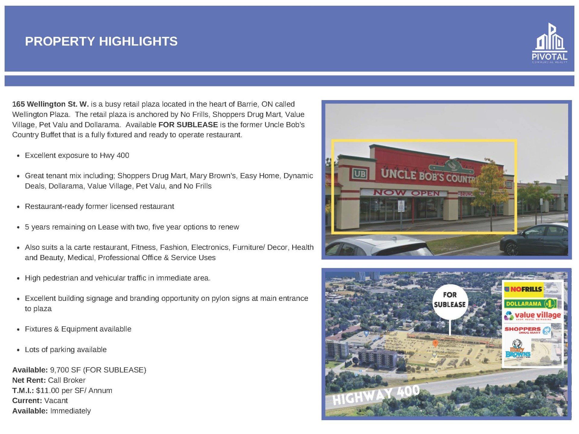 Property listing for a commercial site with an Uncle Bob's Country Buffet store, aerial map, and rental specifications.