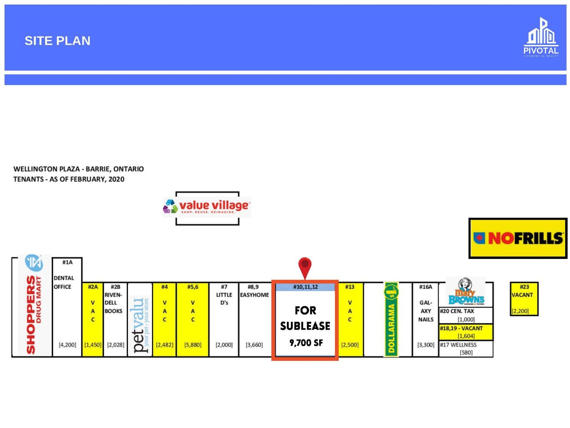 Site plan for Eglinton Town Centre in Toronto, showing retail store locations, including a space available for sublease.
