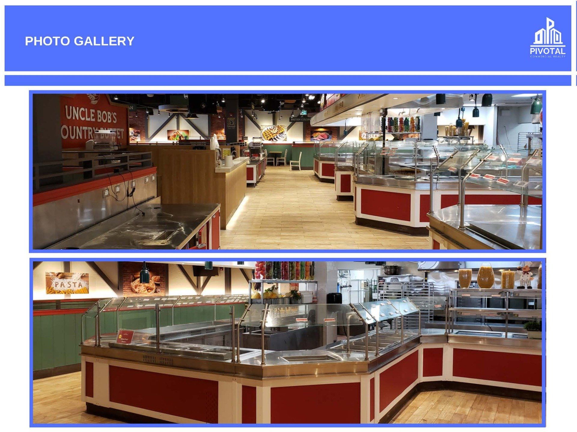A photo gallery showing two interior views of a buffet-style restaurant with food serving stations and red-trimmed counters.