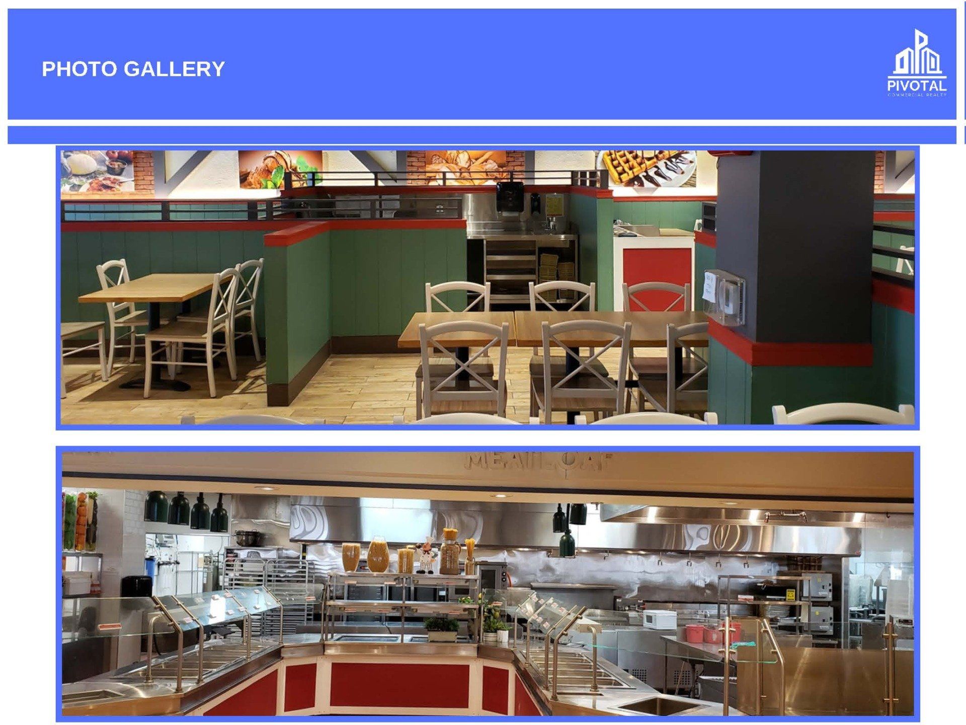 A photo gallery showing a dining area with tables and chairs, and a stainless steel commercial kitchen service station.