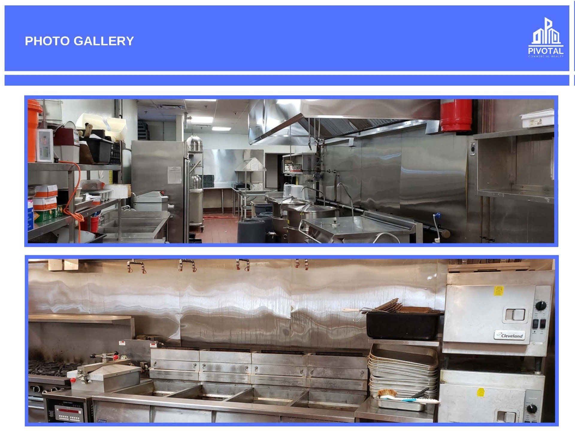 Two photographs showing a clean, stainless steel commercial kitchen with appliances and prep surfaces.
