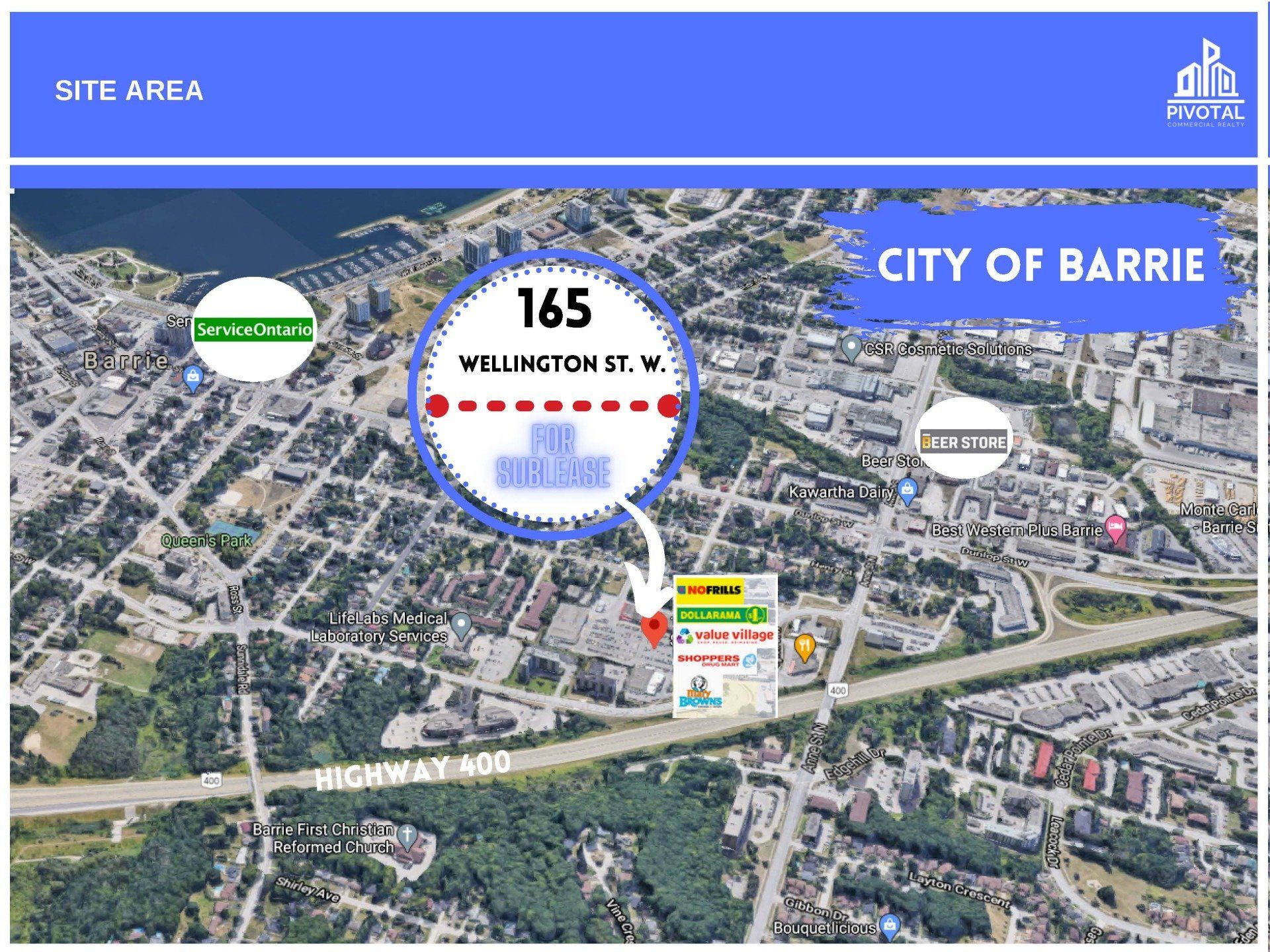 Aerial view of the City of Barrie highlighting the site at 165 Wellington St. W. near Highway 400.