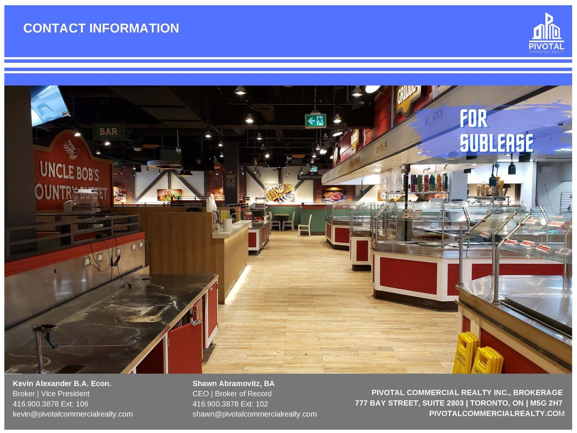 Interior of a restaurant space available for sublease, featuring food service counters, wood flooring, and contact details.