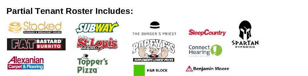 A logo-filled list of tenants including Subway, Popeyes, Sleep Country, and others in a commercial shopping center.