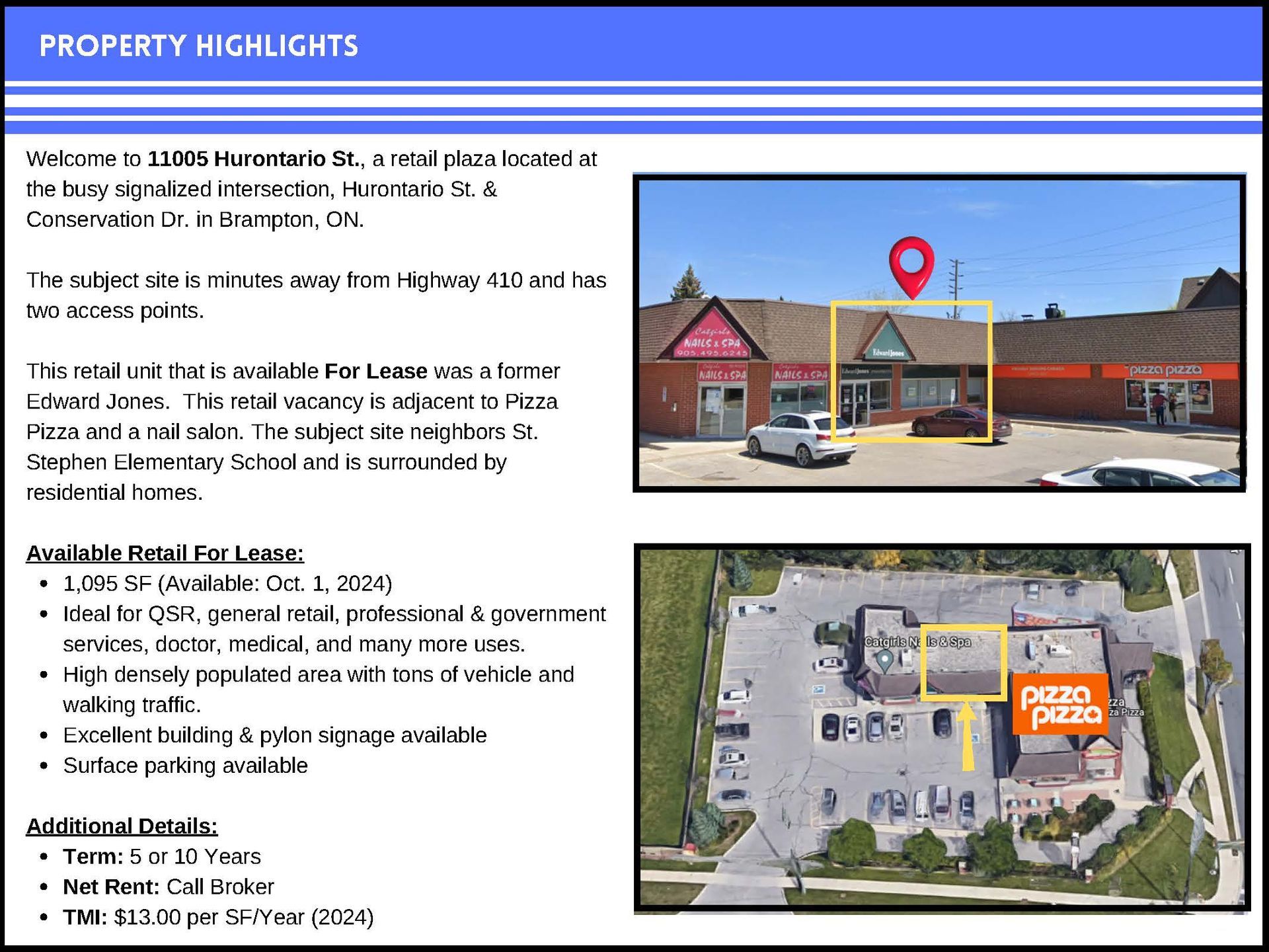 Real estate flyer for 11305 Hurontario St. in Brampton, featuring property highlights, location photos, and lease details.