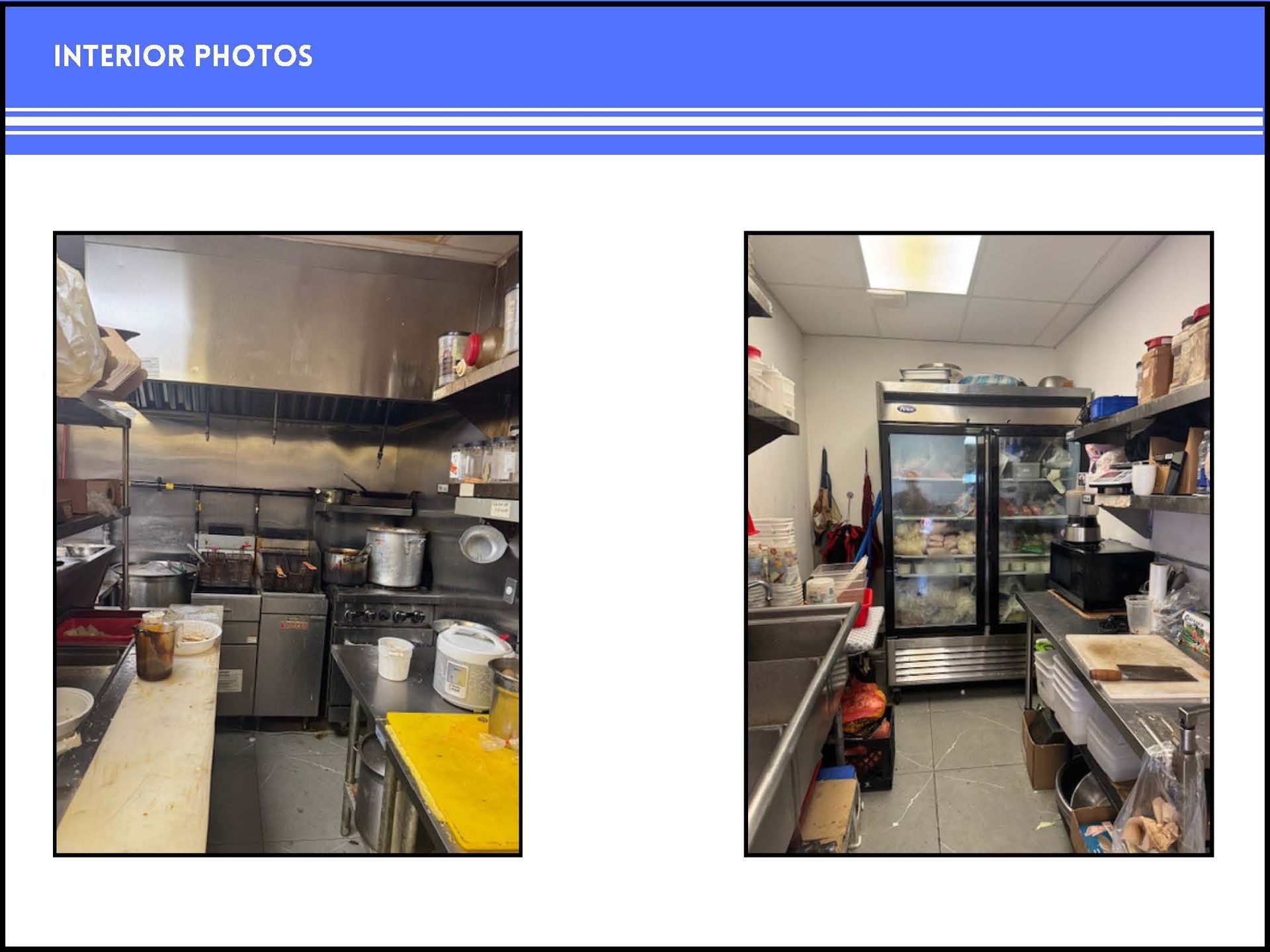 Two side-by-side photos showing a stainless steel commercial kitchen with appliances, shelving, and a glass-door fridge.