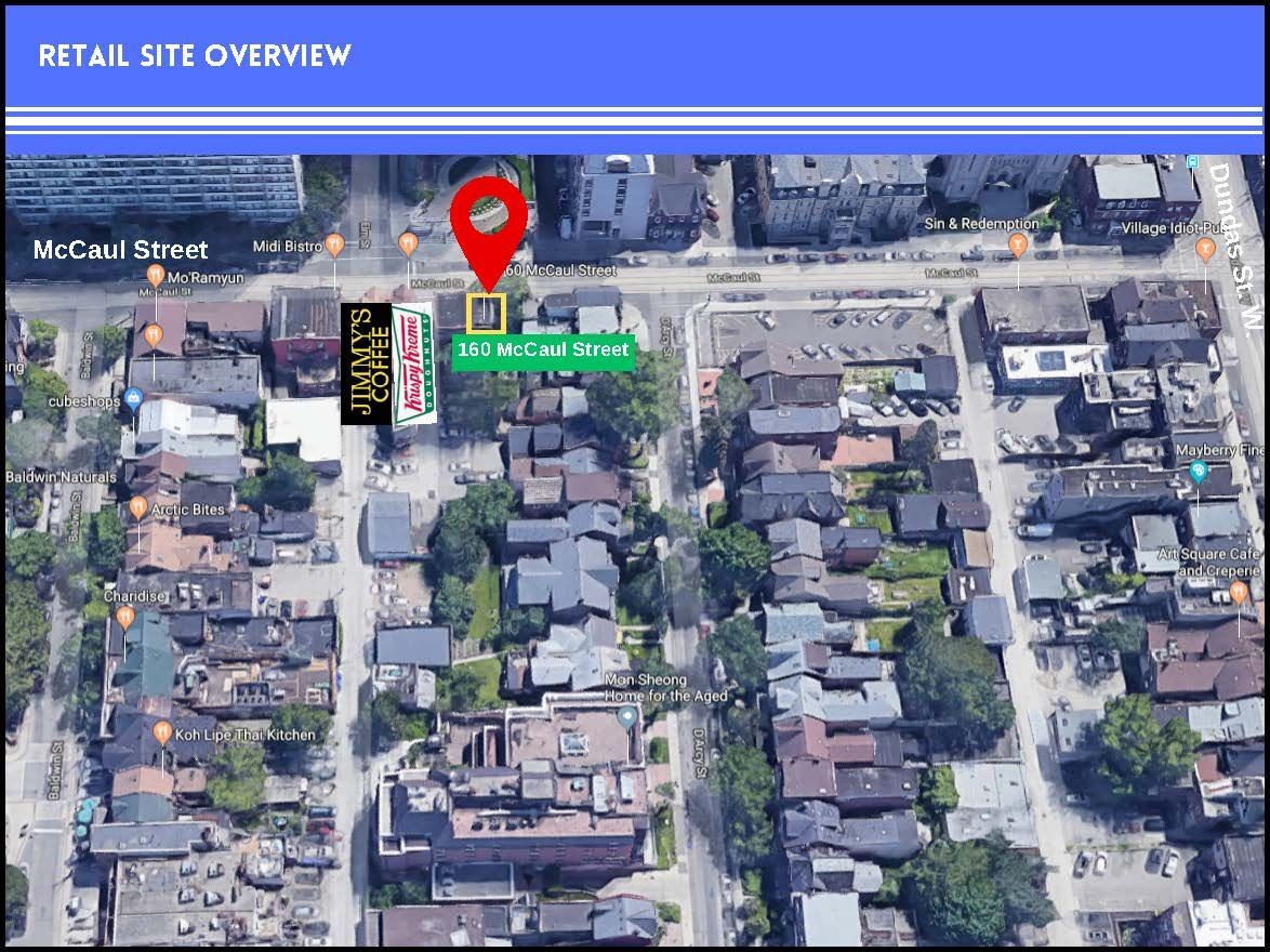 Aerial view of a city block showing retail space at 150 McCaul Street marked with a red location pin.