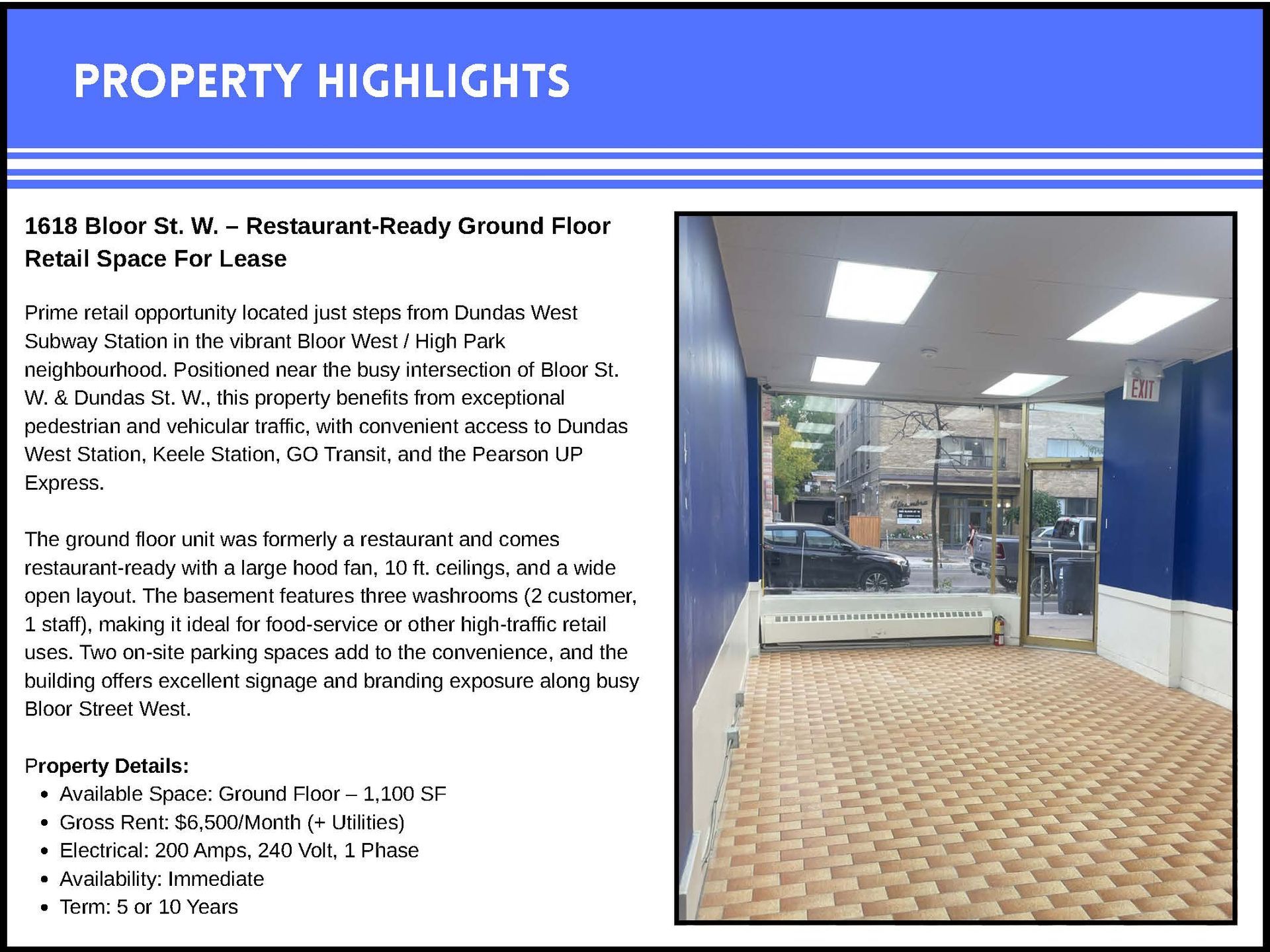 A real estate flyer for a vacant ground-floor retail space at 1618 Bloor St. W, featuring a photo of the interior.