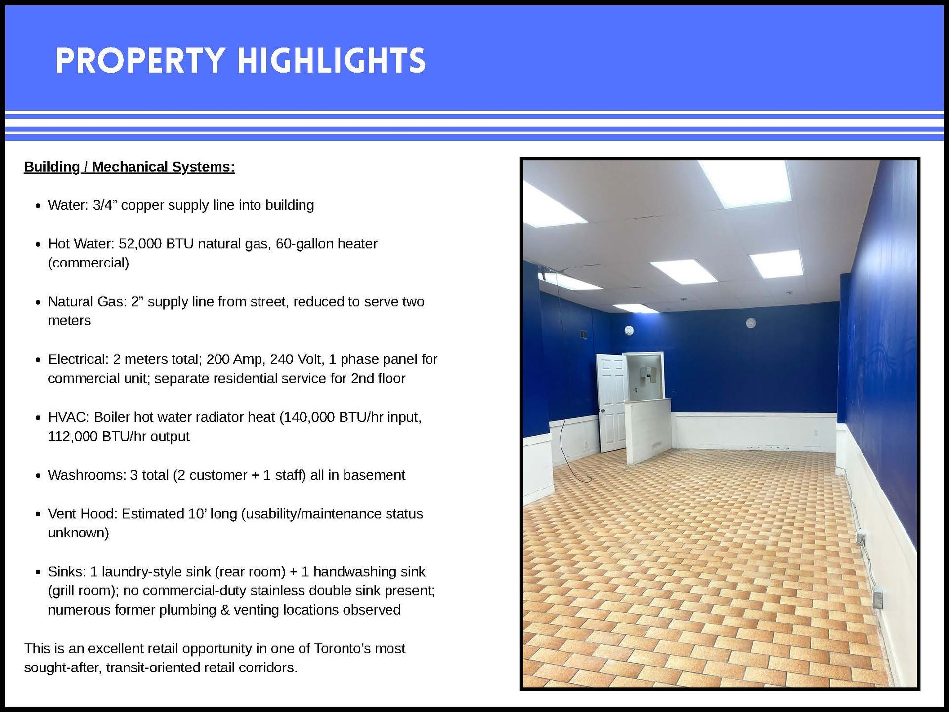 Property highlights document for a commercial space, showing building specs and an empty room with blue walls and tile floor.