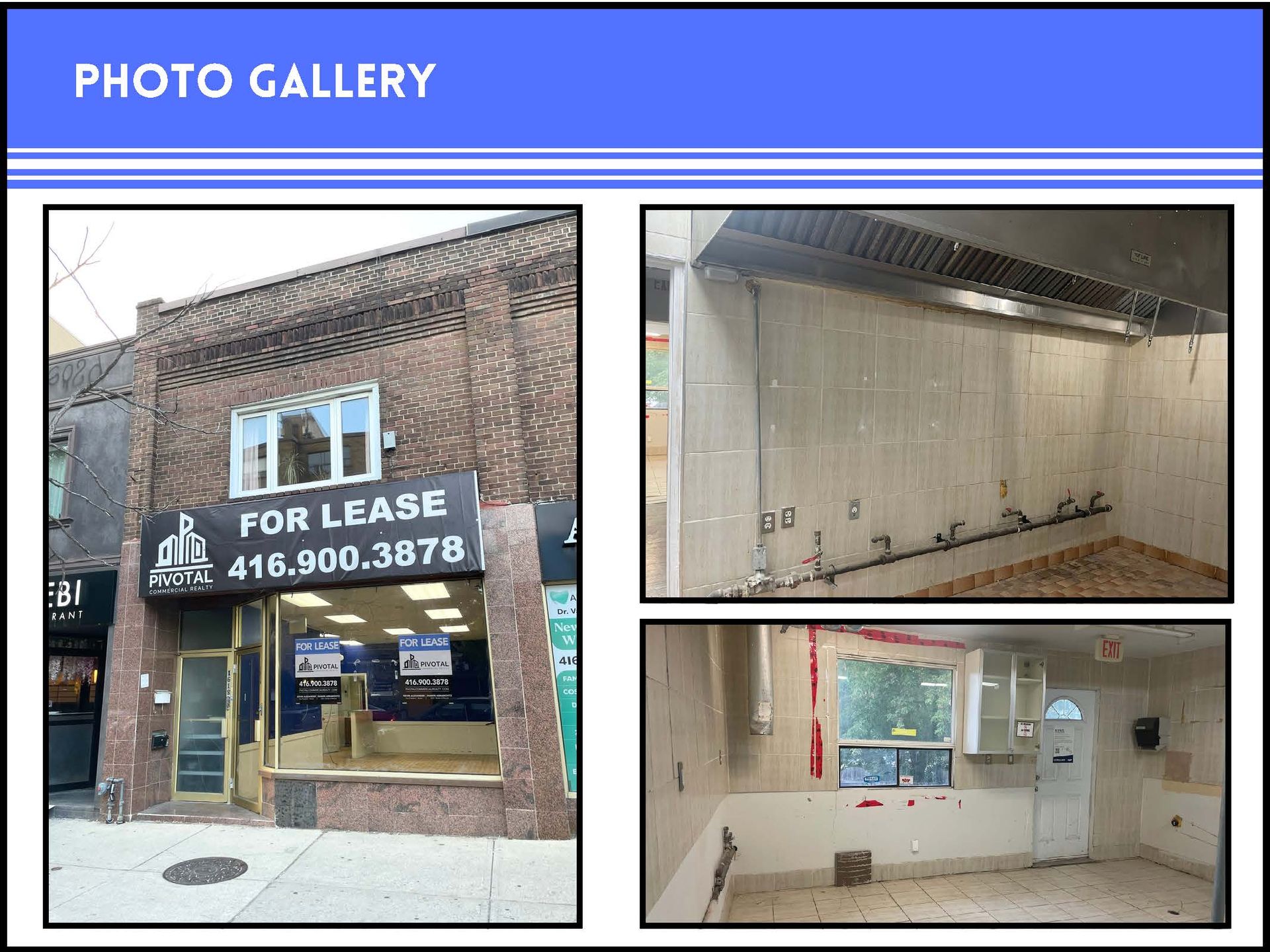 Three photos of a commercial storefront available for lease, showing an exterior view and interior work areas.