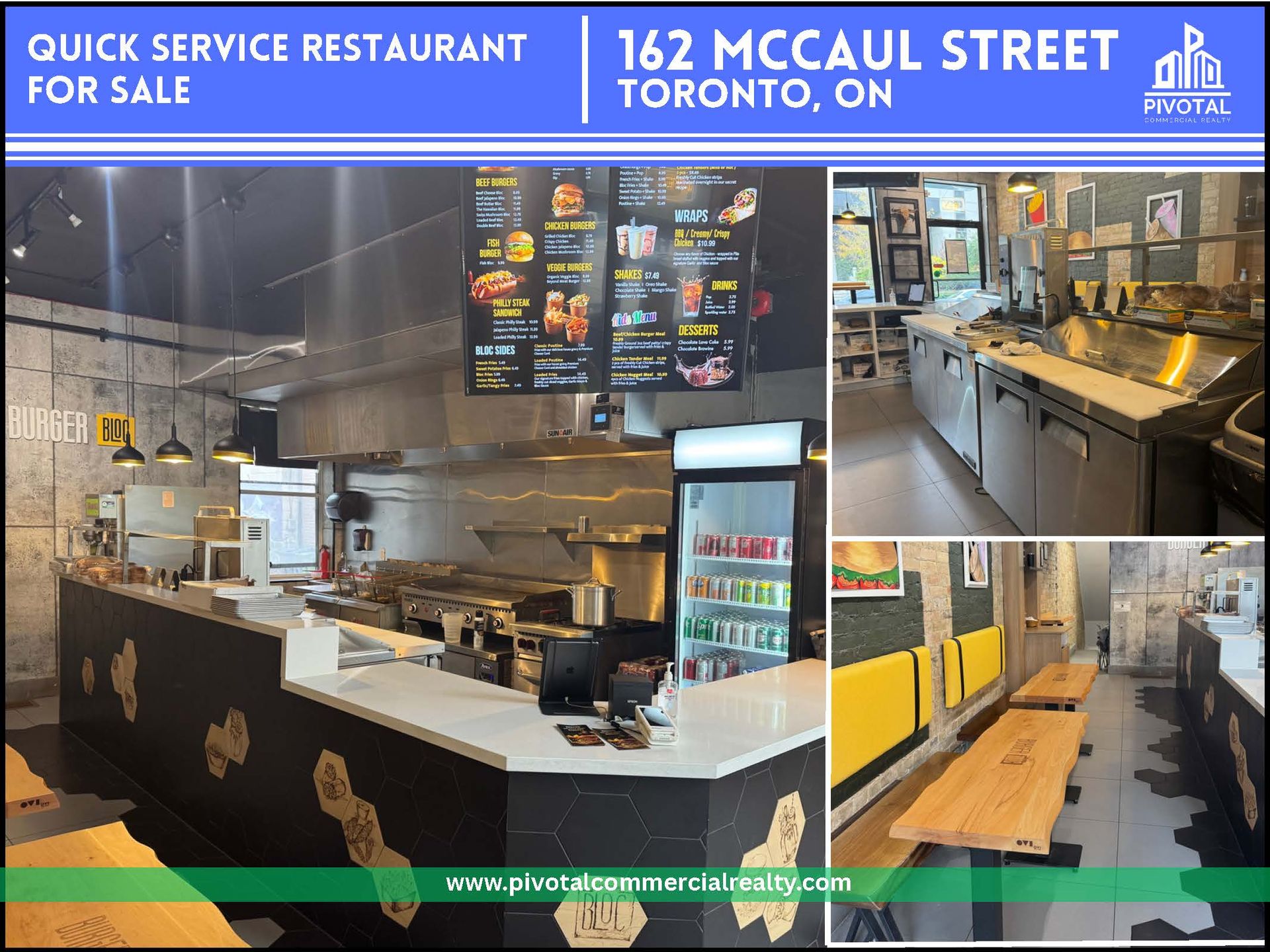 Real estate listing for a quick service restaurant at 162 McCaul Street, Toronto, showing interior dining and kitchen space.