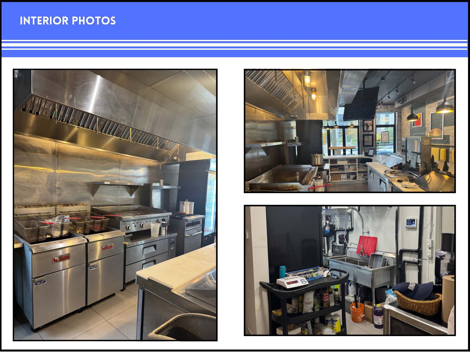 A collage showing the kitchen interior of a restaurant, featuring stainless steel cooking equipment and workspaces.