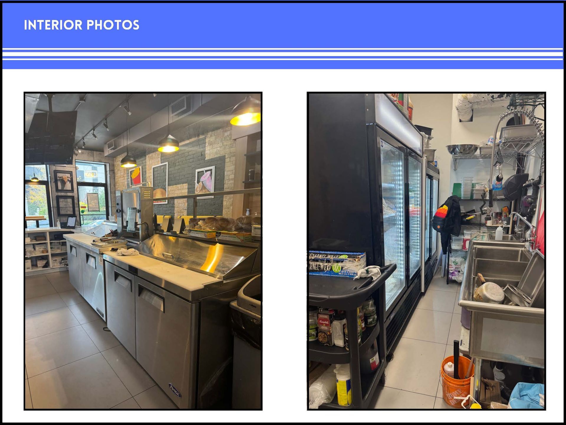Two interior photos of a commercial kitchen featuring stainless steel counters, prep areas, refrigerators, and a sink.