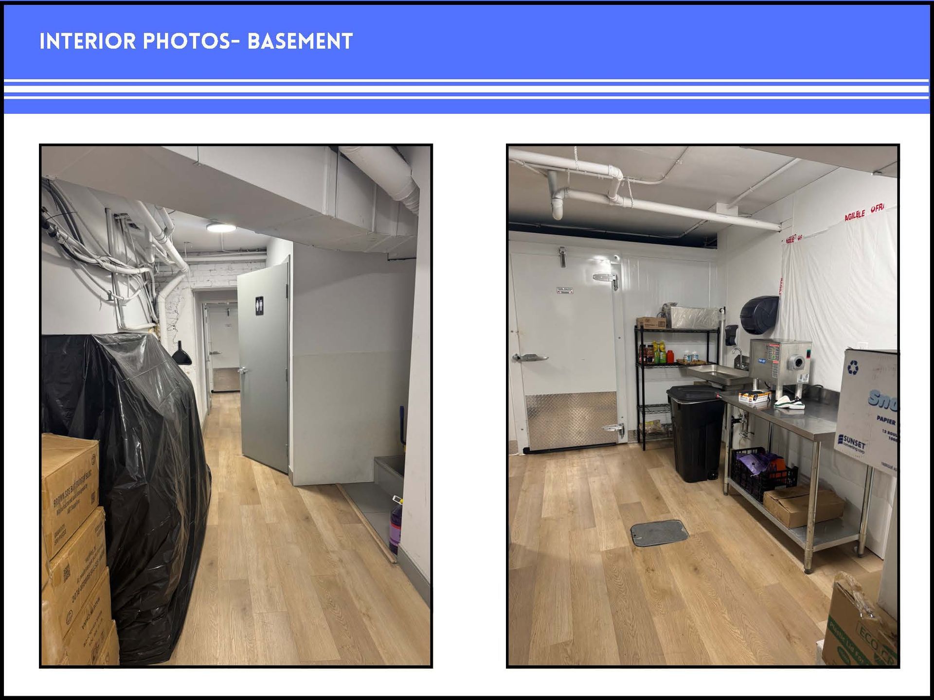 Two photos of a basement showing a white-walled storage area, a metal shelving unit, and a covered object.