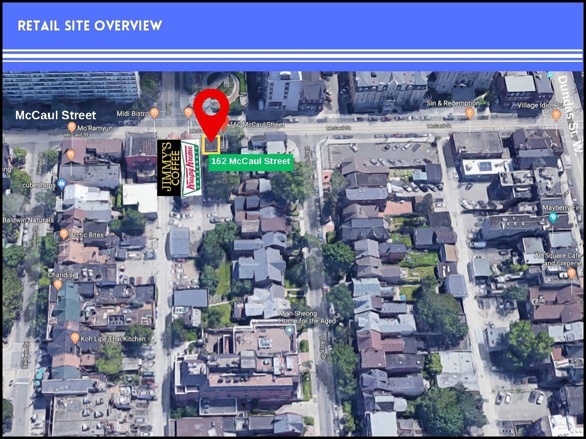 Aerial view of a retail site on McCaul Street marked with a red pin and a green label identifying 110 McCaul Street.