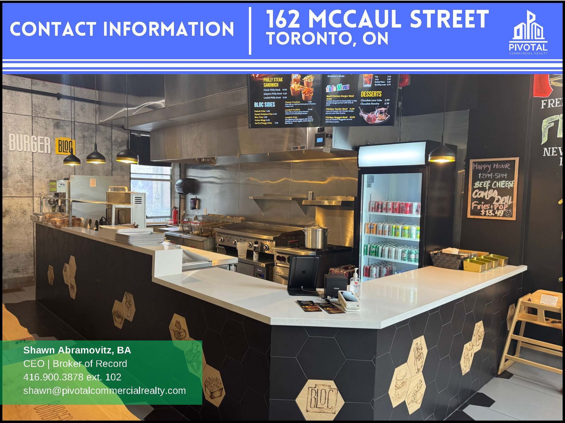A commercial kitchen counter at 162 McCaul Street, Toronto, with menu screens, a drink cooler, and contact information.
