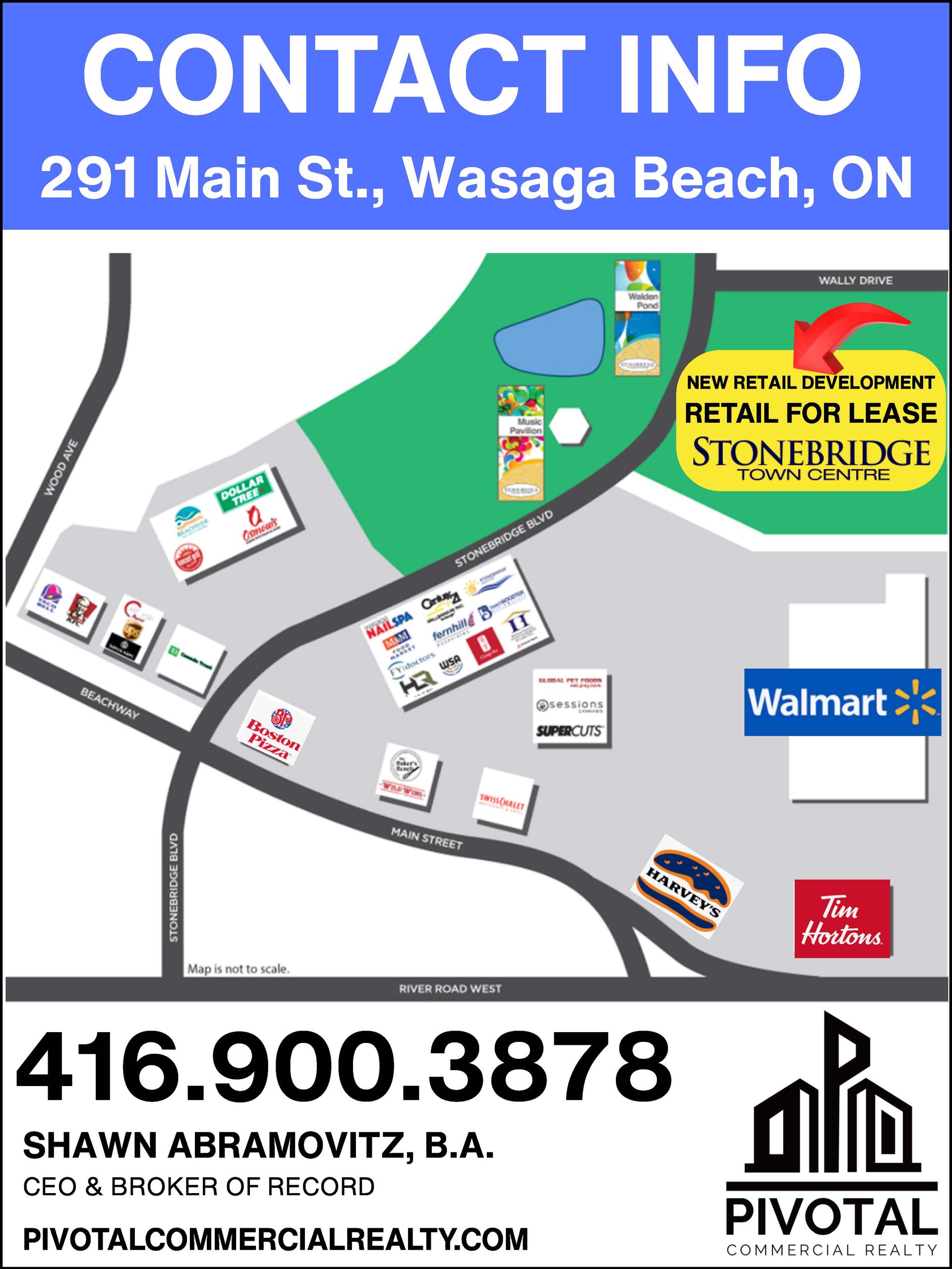 A real estate contact card showing a map of retail stores in Wasaga Beach, ON, with phone and website information.