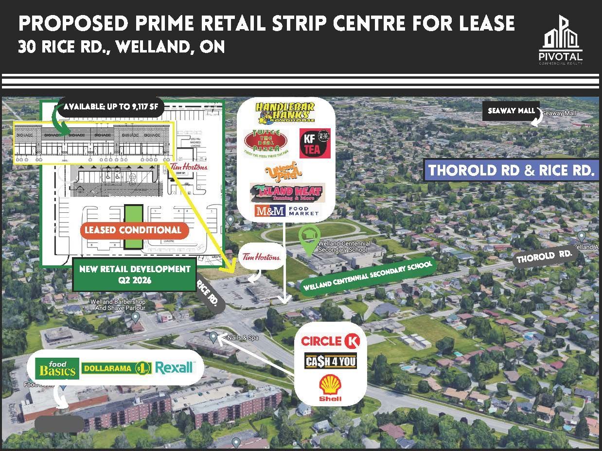 Aerial view map of a proposed retail strip centre for lease at 30 Rice Rd. in Welland, ON, showing nearby businesses.