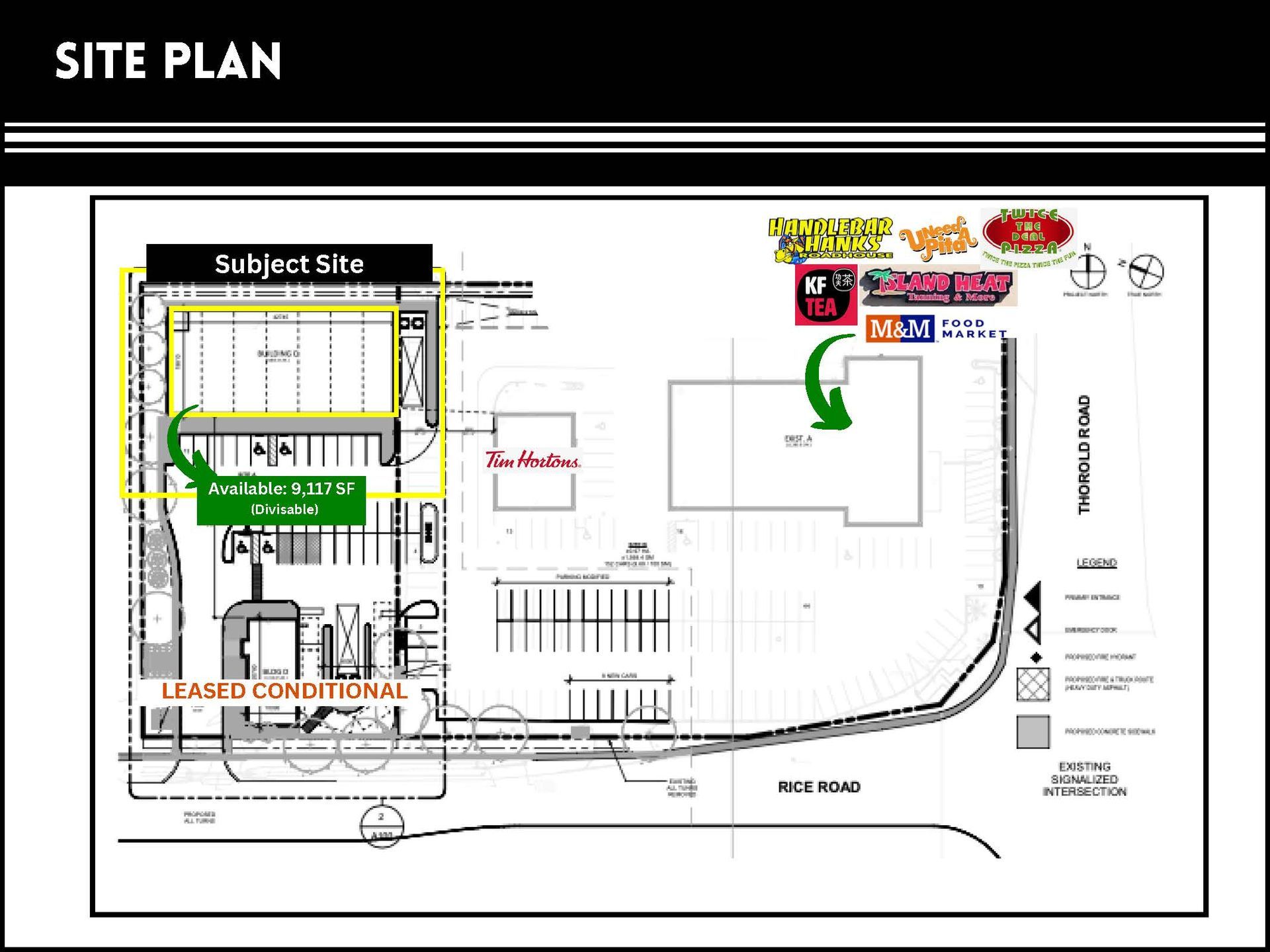A site plan diagram of a retail center, highlighting a vacant space and nearby businesses including a Tim Hortons.