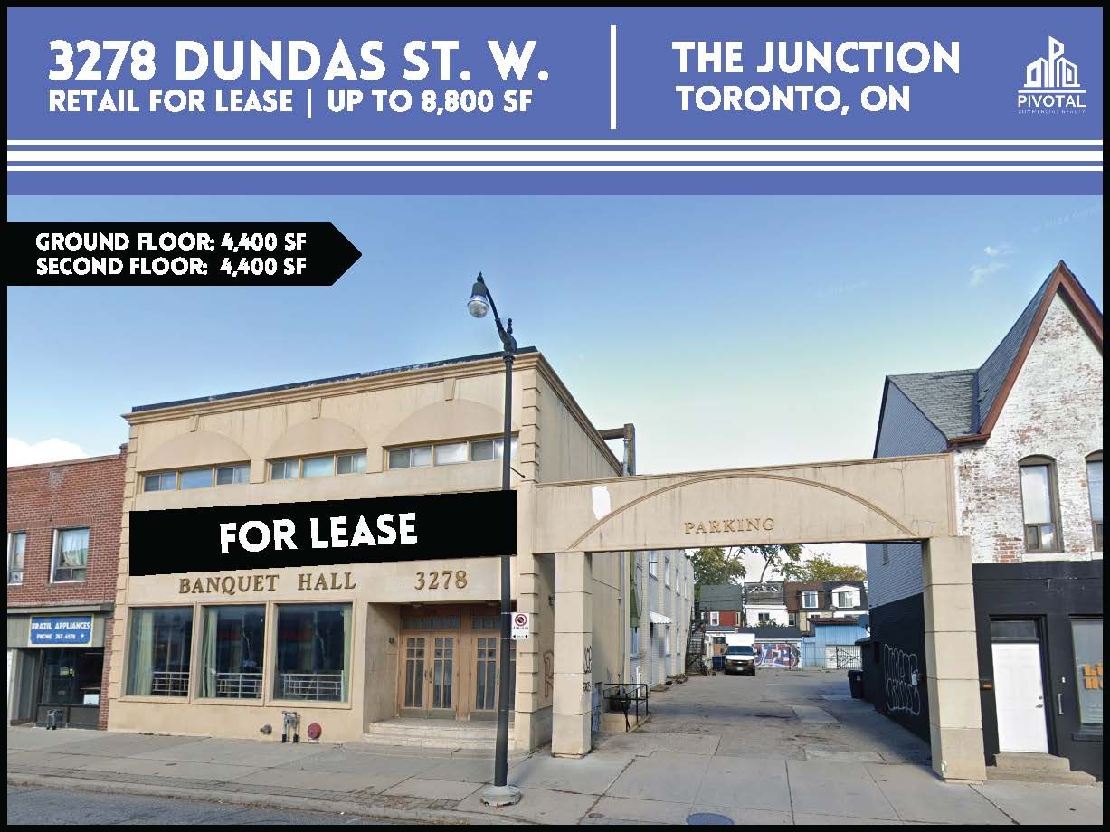 A real estate listing for 3278 Dundas St. W. in Toronto, showing a beige building for lease with 8,800 total square feet.