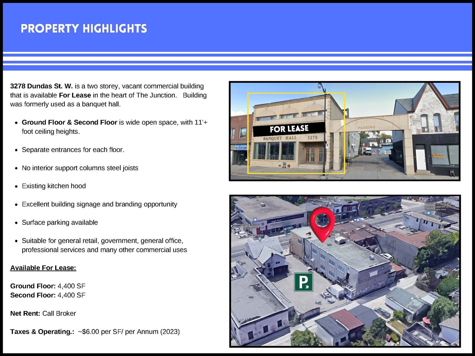 Real estate flyer for 2801 Dundas St. W., showing property features, size, photos, and a map location.