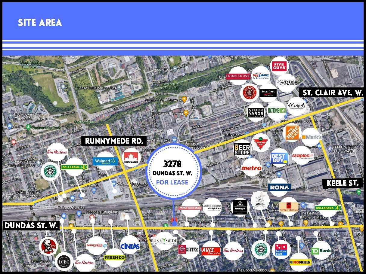 Aerial map showing the location of 3278 Dundas St. W. and surrounding retail businesses in a Toronto neighborhood.