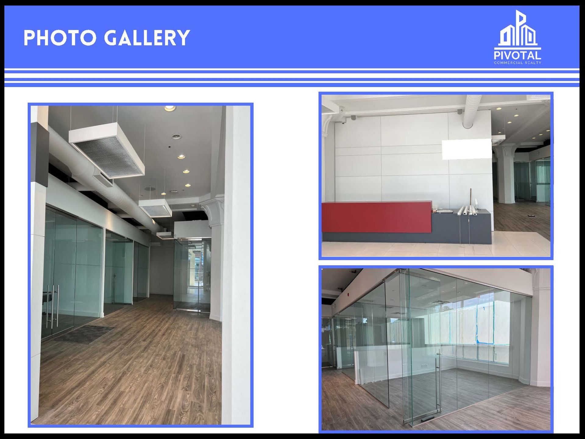 A three-part photo gallery showcasing a modern office interior with wooden floors, glass partitions, and a red reception.