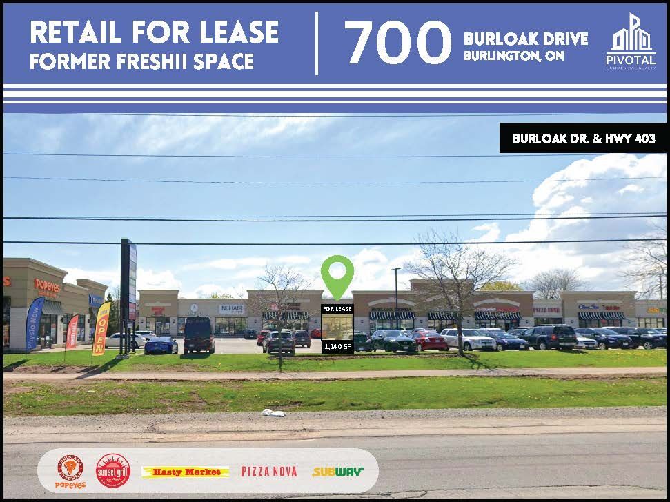 A commercial real estate sign for a retail space at 700 Burloak Drive, Burlington, showing a plaza with parking.