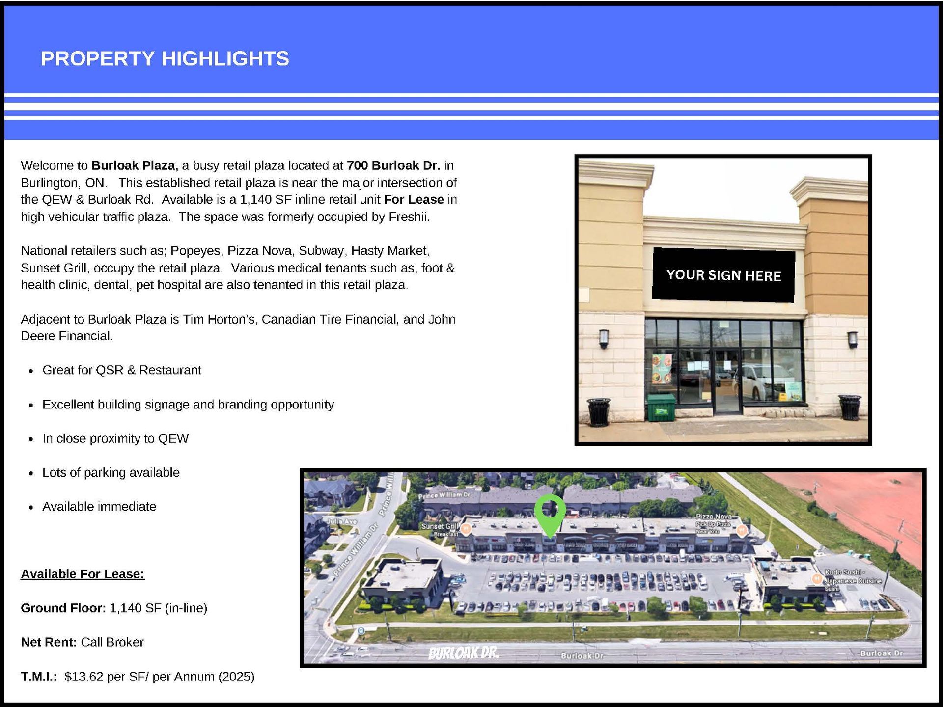 Real estate listing highlights for a commercial property in Burlington, ON, featuring storefront and aerial site photos.