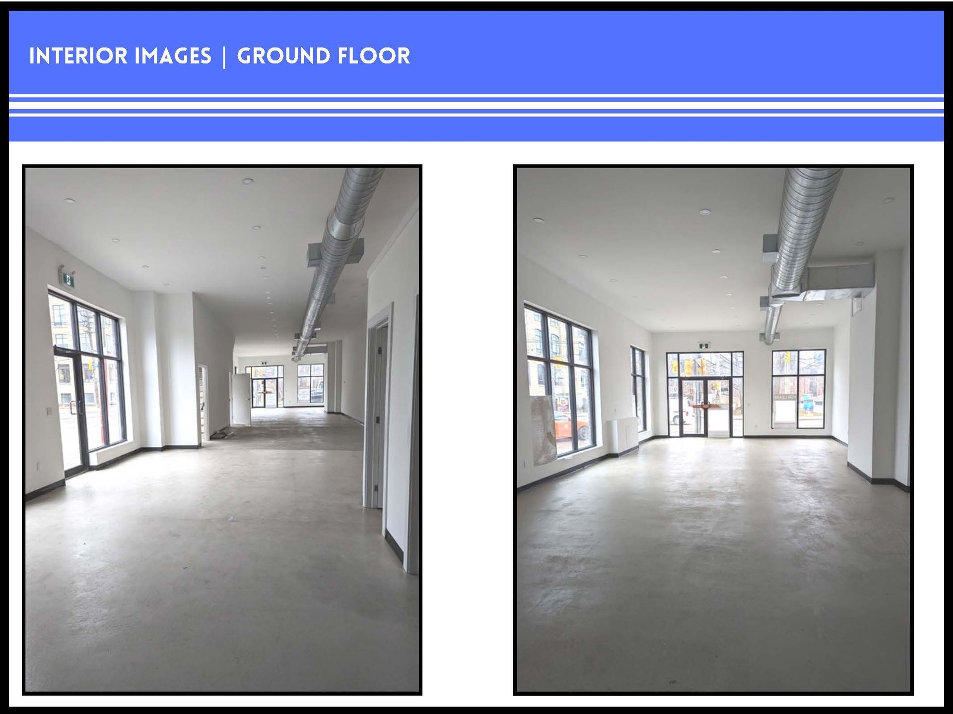 Two interior photos of a modern, empty ground-floor commercial space with white walls, large windows, and exposed ducts.