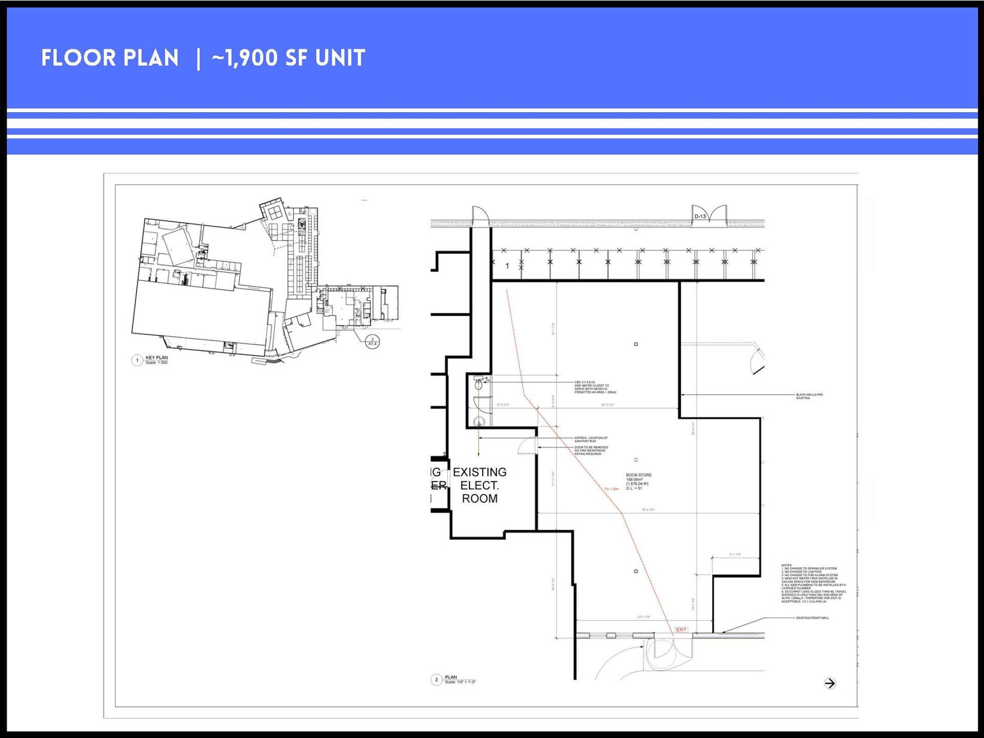 A blue-banner slide showing a ~1,900 sq. ft. floor plan with a small site map and a detailed layout of the unit.