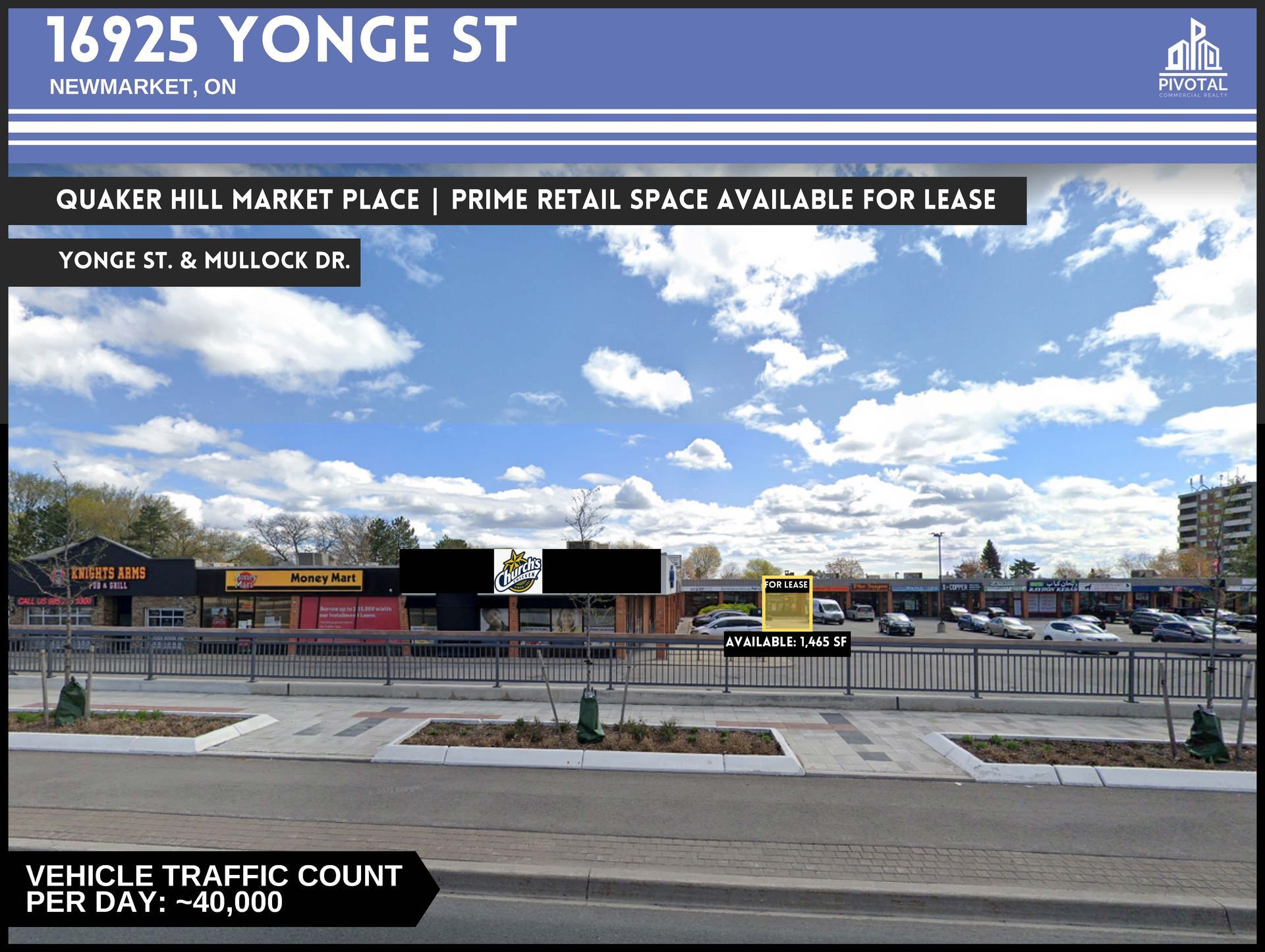Commercial real estate listing for 16925 Yonge St in Newmarket, featuring a retail strip mall with high traffic volume.