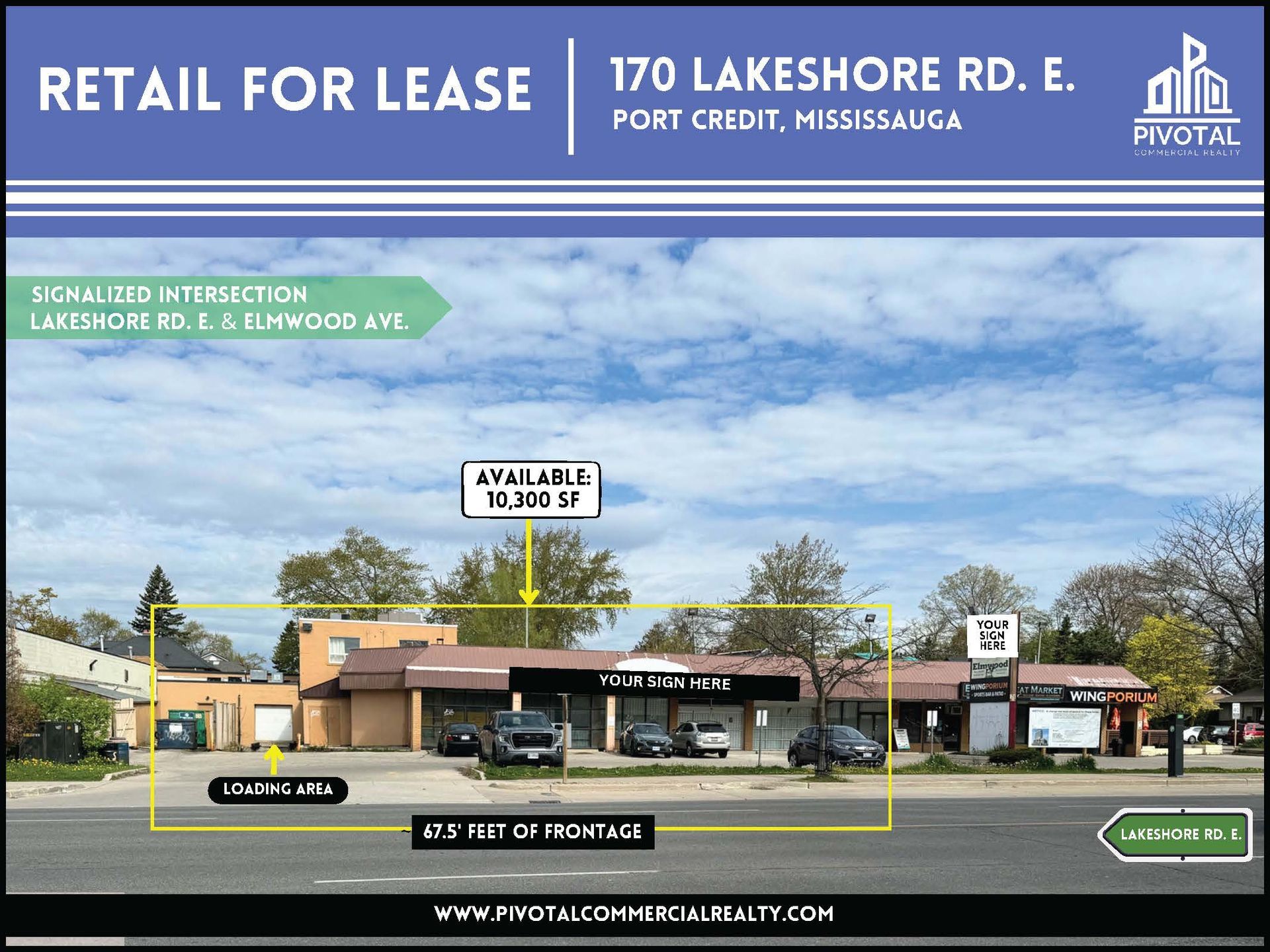 A commercial property flyer for a retail space at 170 Lakeshore Rd E in Mississauga, featuring a street-level building.