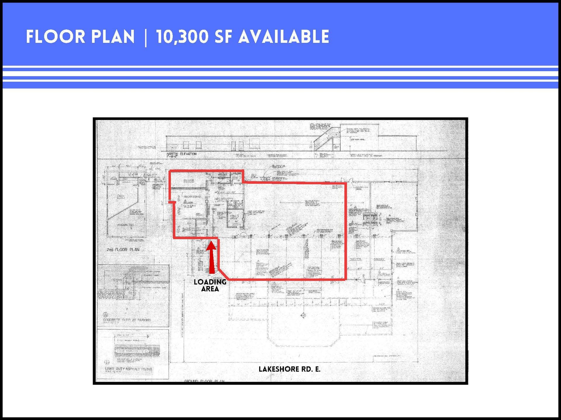 Floor plan showing 10,300 square feet of available space with a red outline highlighting the area and a loading area marker.
