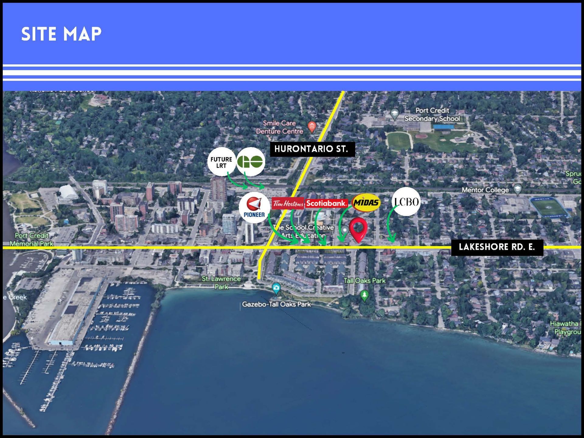 Aerial map showing a site location near Lakeshore Road East and Hurontario Street in Mississauga, Ontario.