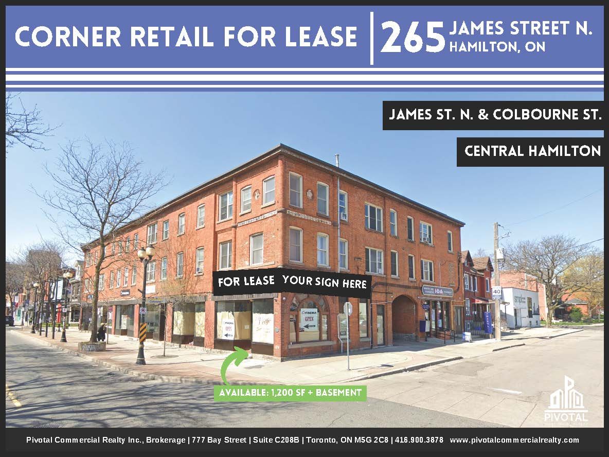 A brick building at 265 James St. N. in Hamilton, ON, with a ground-floor retail space available for lease.