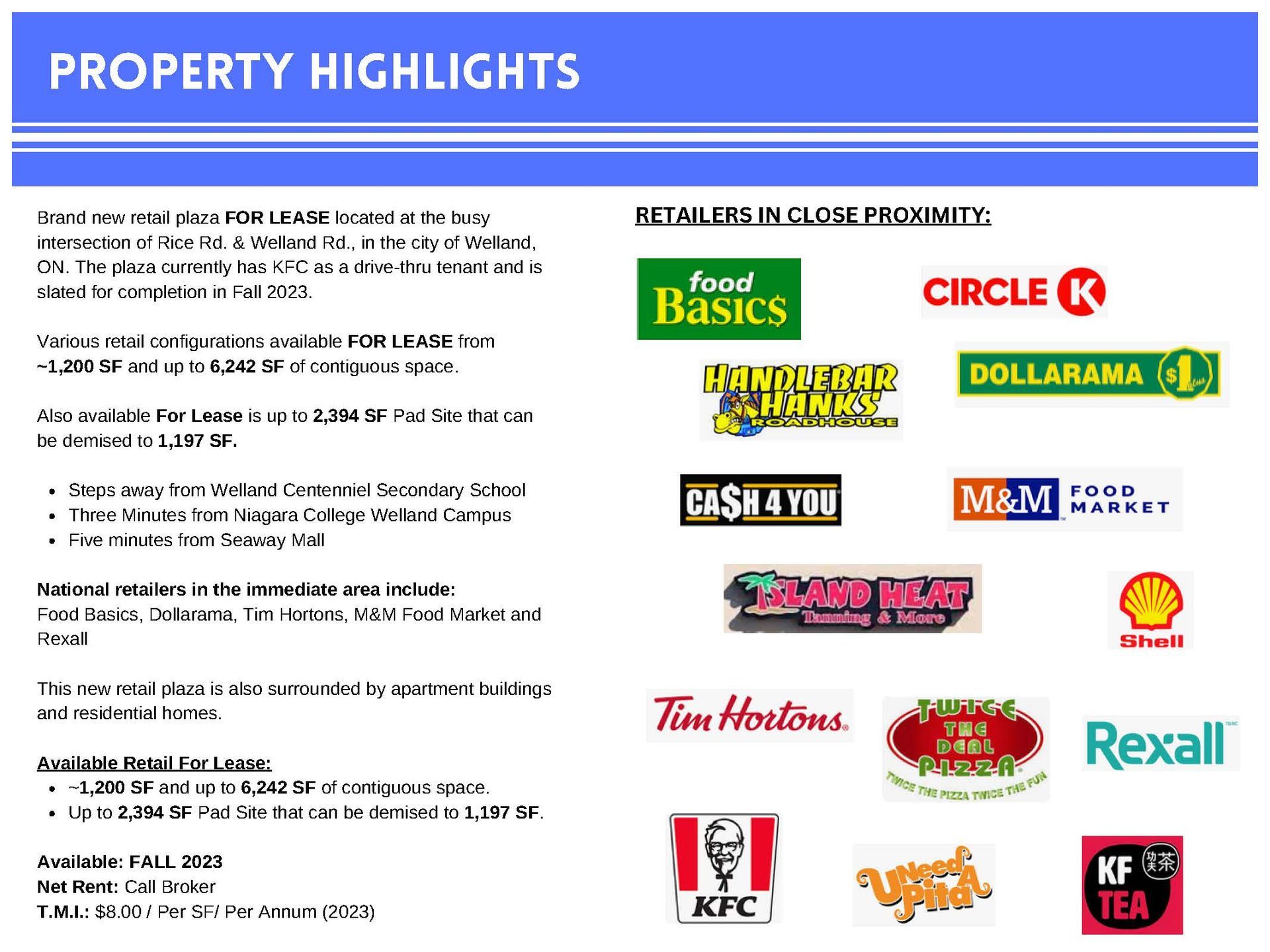 Property highlights flyer for a retail plaza in Welland, ON, listing available units and nearby major retailers.