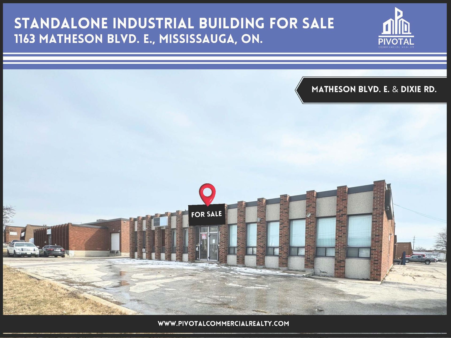 A real estate flyer for a brick industrial building for sale at 1143 Matheson Blvd. E., Mississauga, ON.