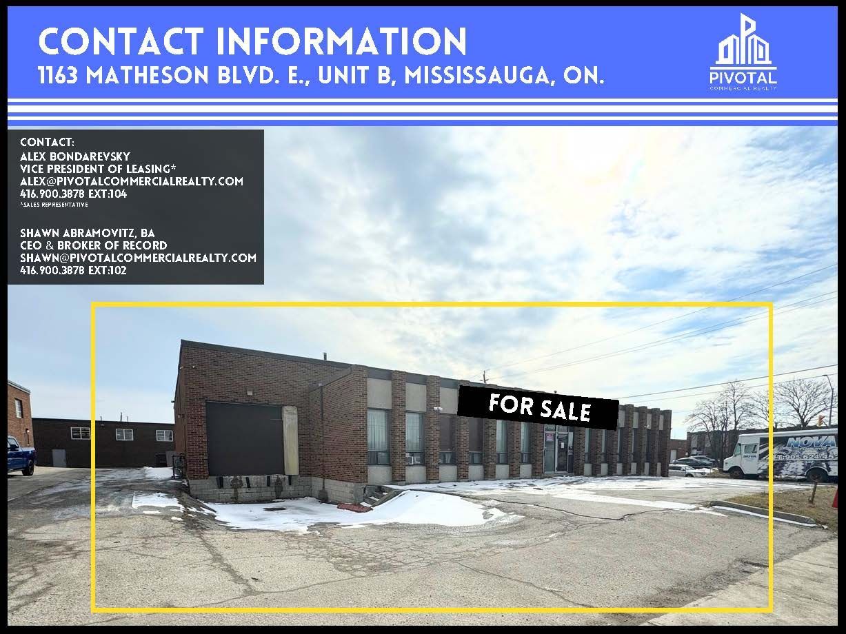 A commercial building for sale at 1163 Matheson Blvd. E., Mississauga, with contact information overlay.