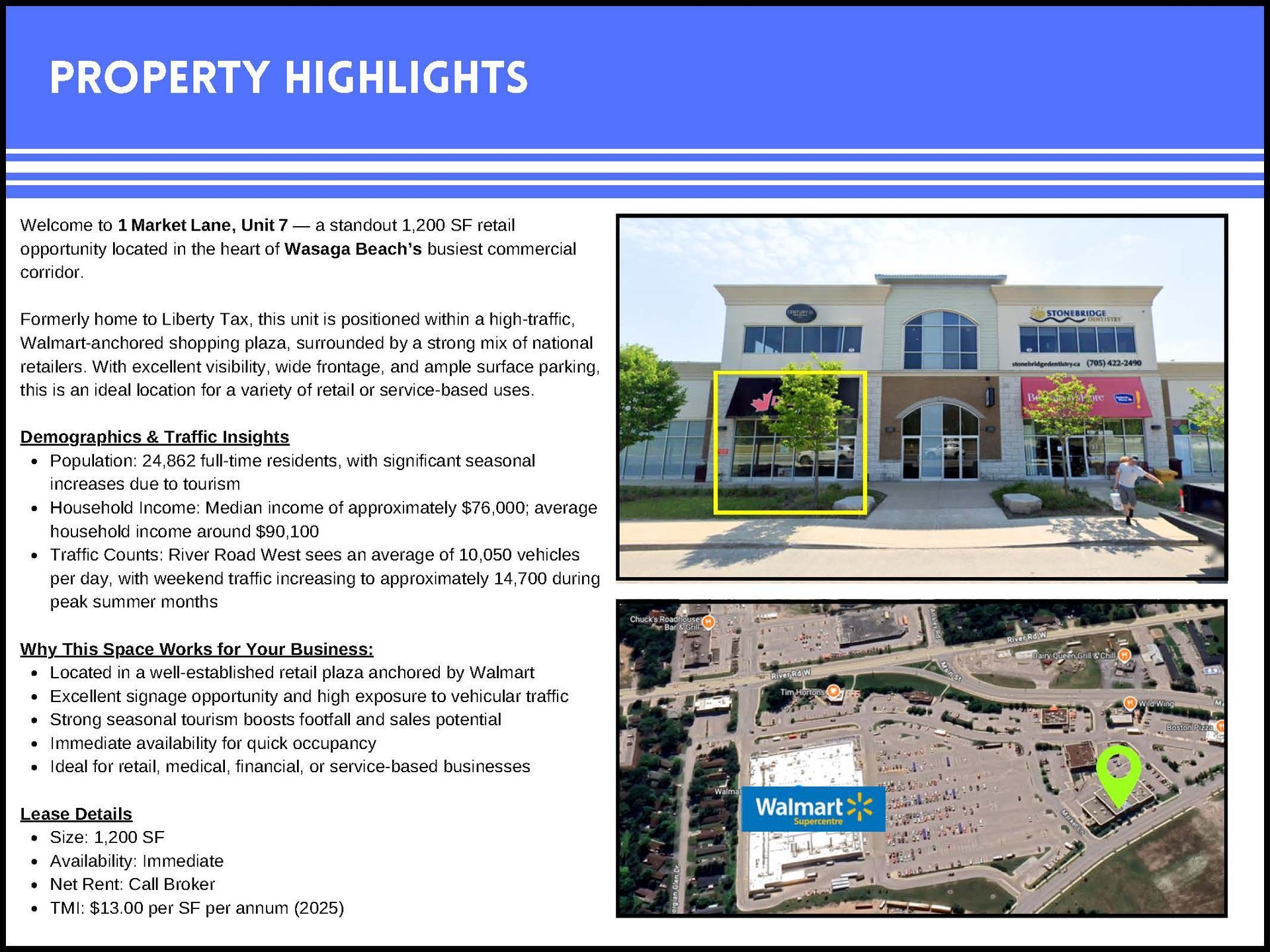 Real estate flyer for a retail property including photos of a storefront, an aerial view map, and key property details.