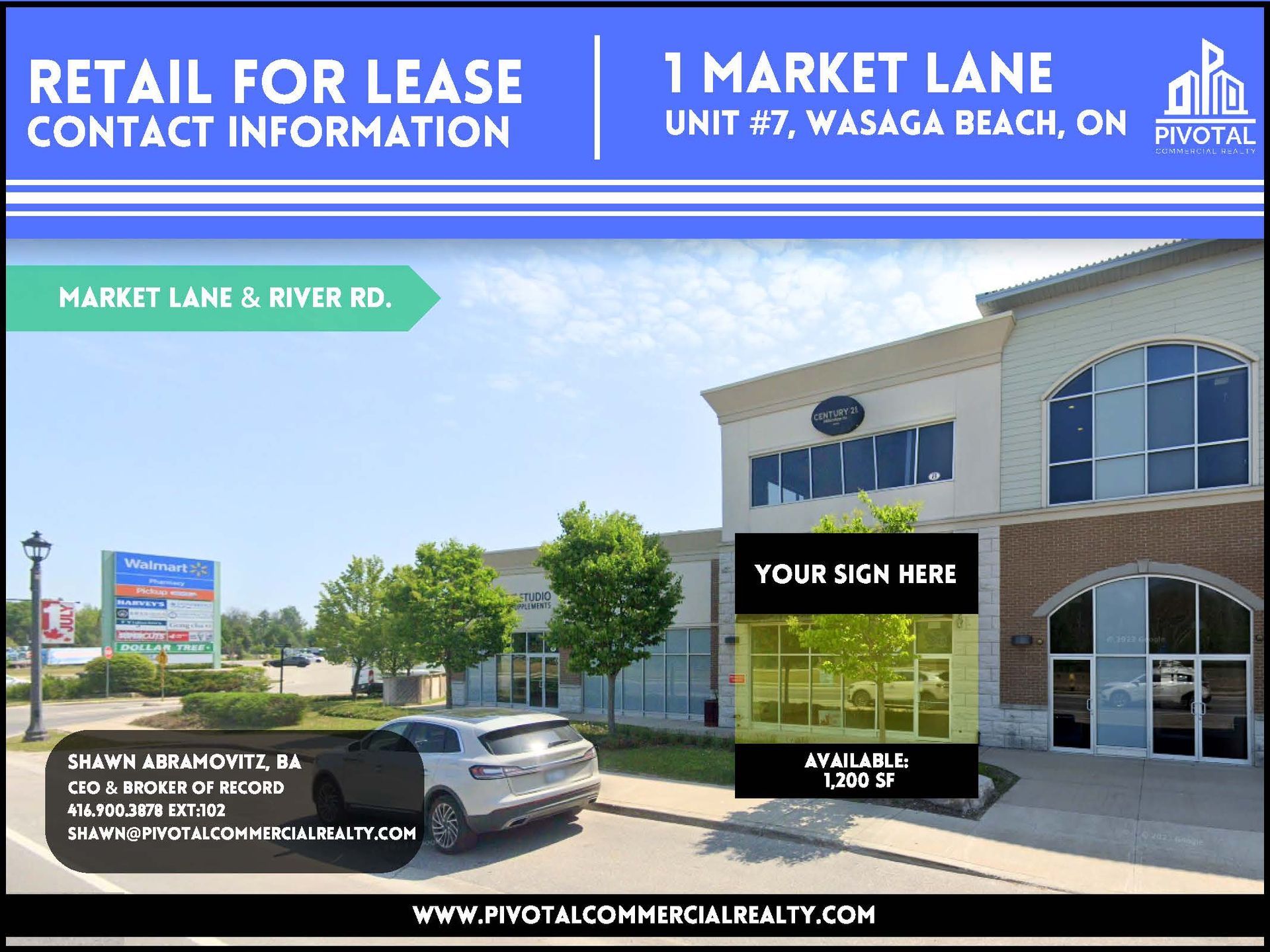 Retail space for lease at 1 Market Lane, Unit 7, Wasaga Beach, ON. Contact Pivotal Commercial Realty for information.