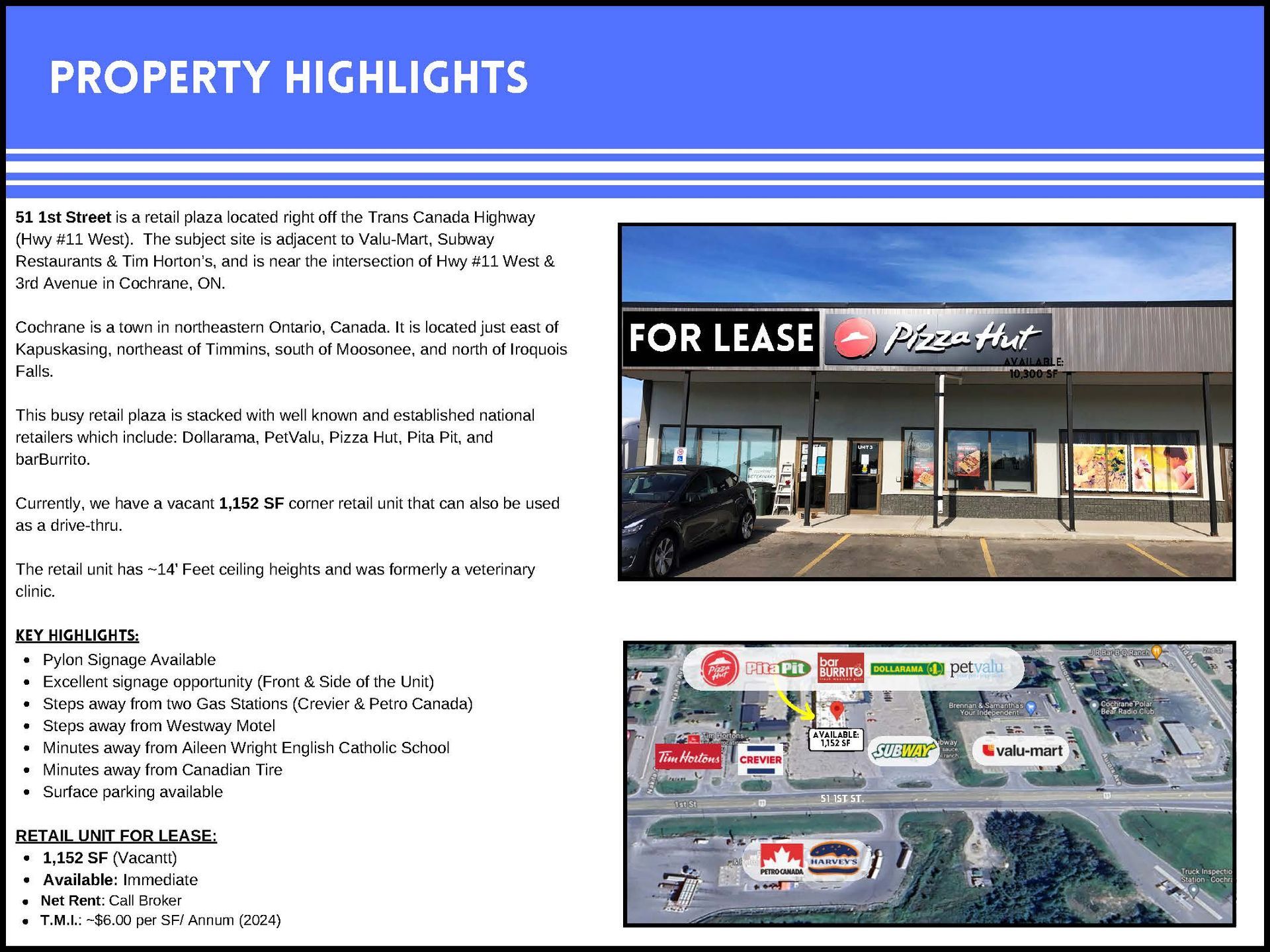 Property highlight flyer for a Pizza Hut lease, showing the storefront and an aerial map of the location.