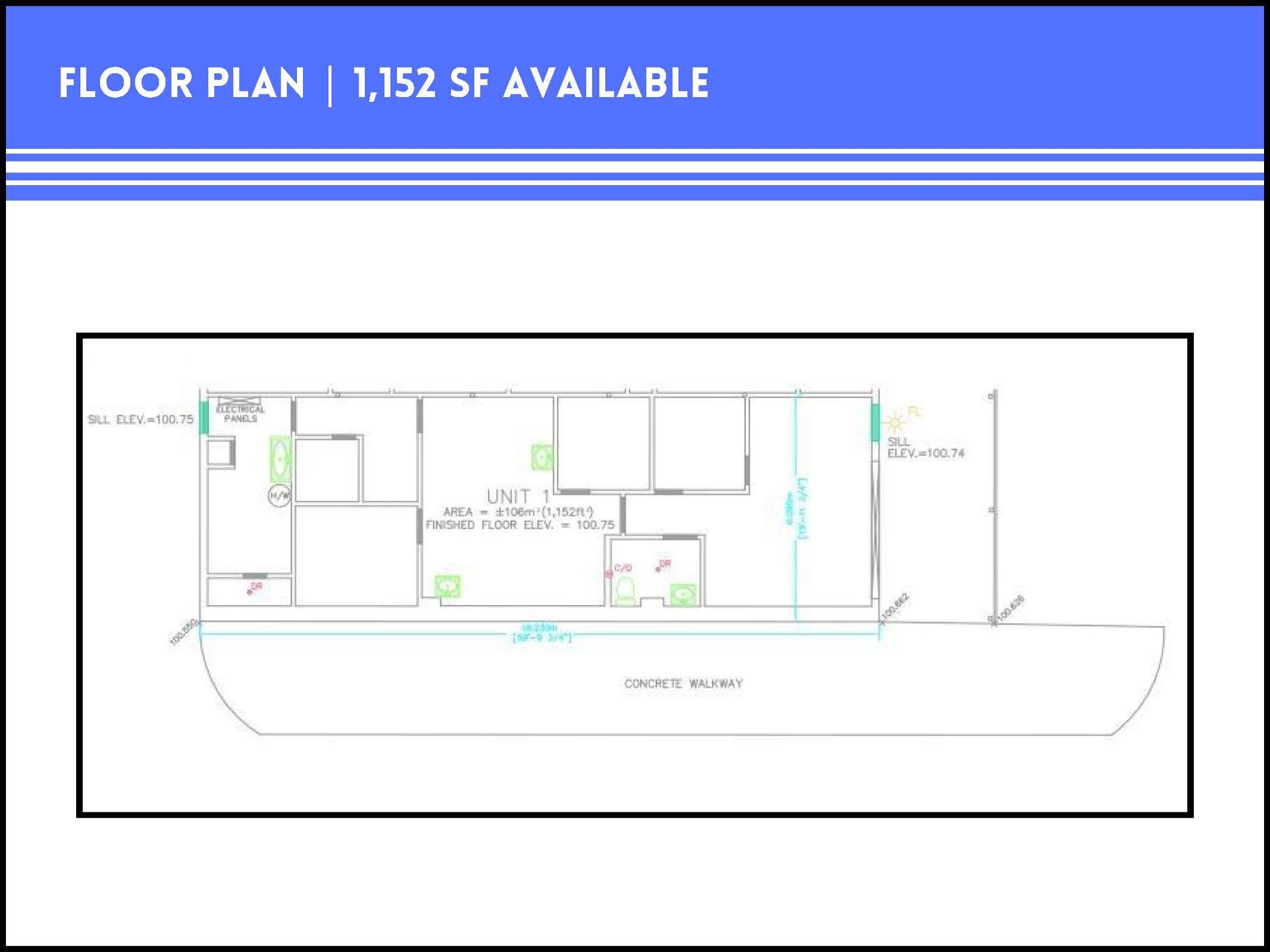 Floor plan diagram labeled 1,152 SF available, showing a rectangular interior layout with partitioned rooms.
